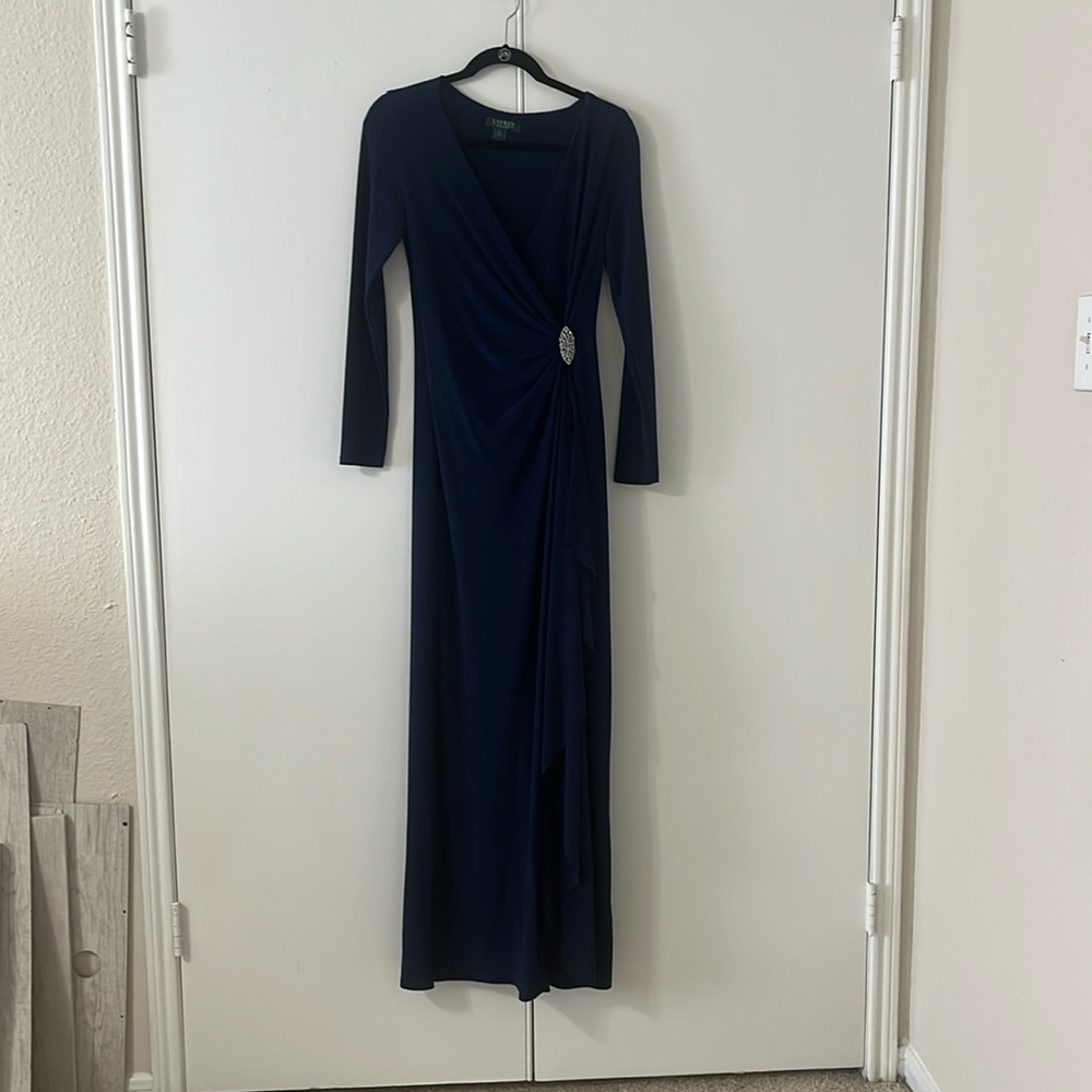 Ralph Lauren Evening Long V-Neck Faux Wrap Dress